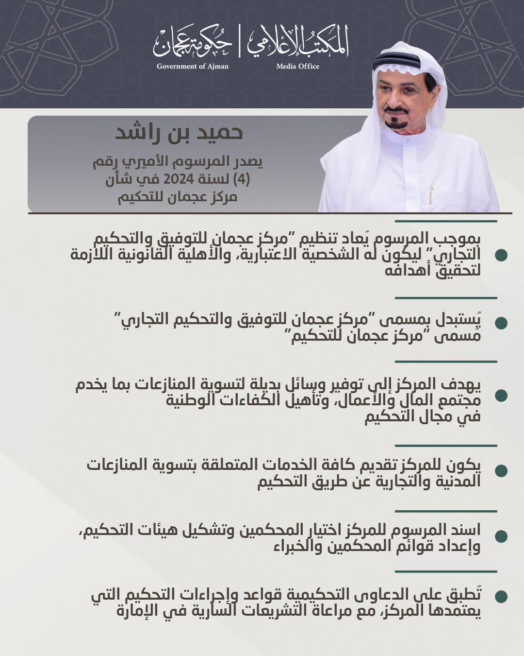 صاحب السمو الشيخ حميد بن راشد يصدر مرسوما في شأن مركز عجمان للتحكيم